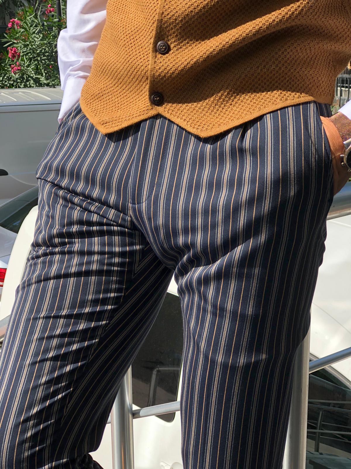 Wide trousers - Dark blue/Striped - Ladies | H&M